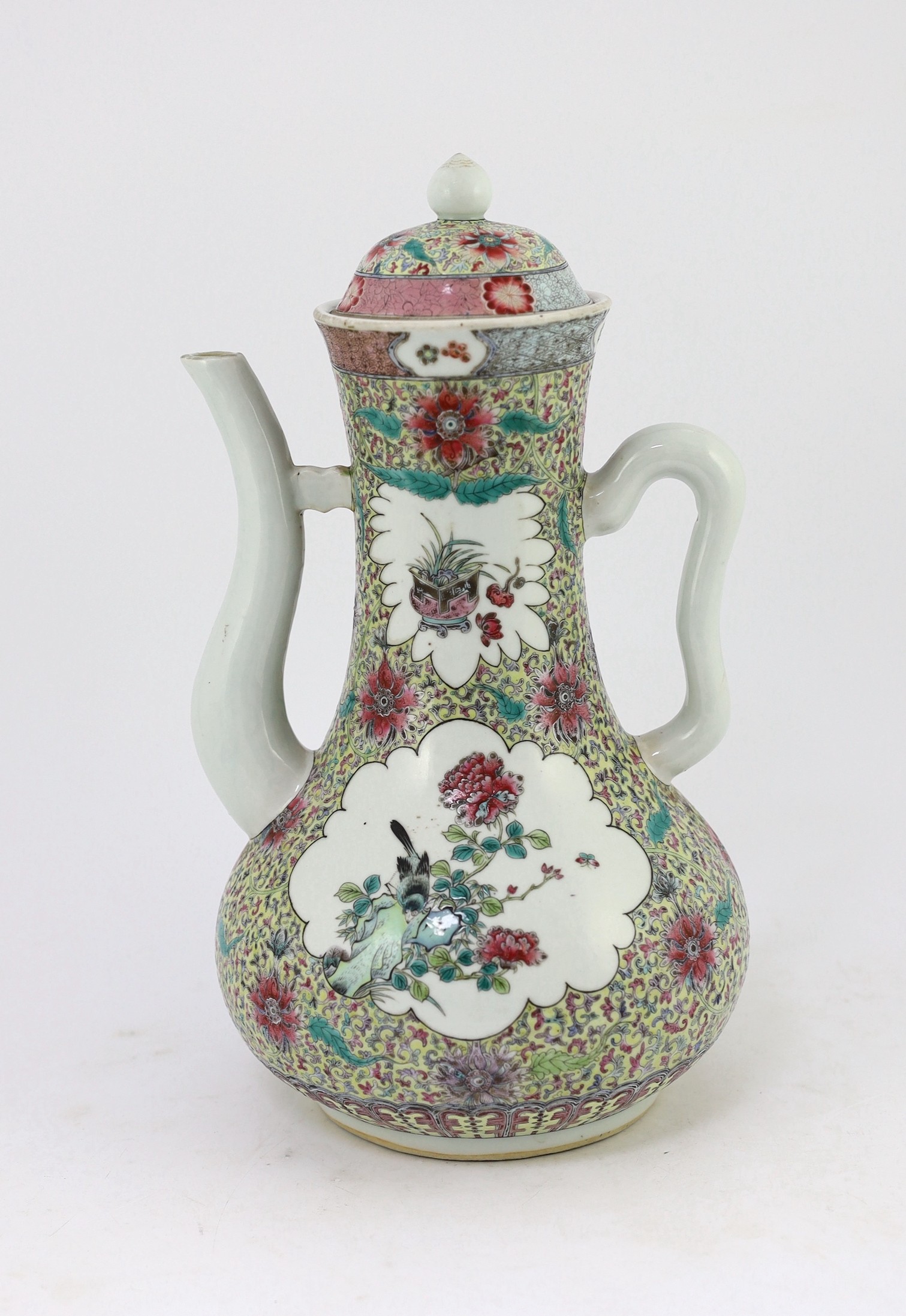 A large and rare Chinese famille rose fencai wine pot and cover, Qianlong mark but 19th century, 35.5cm high